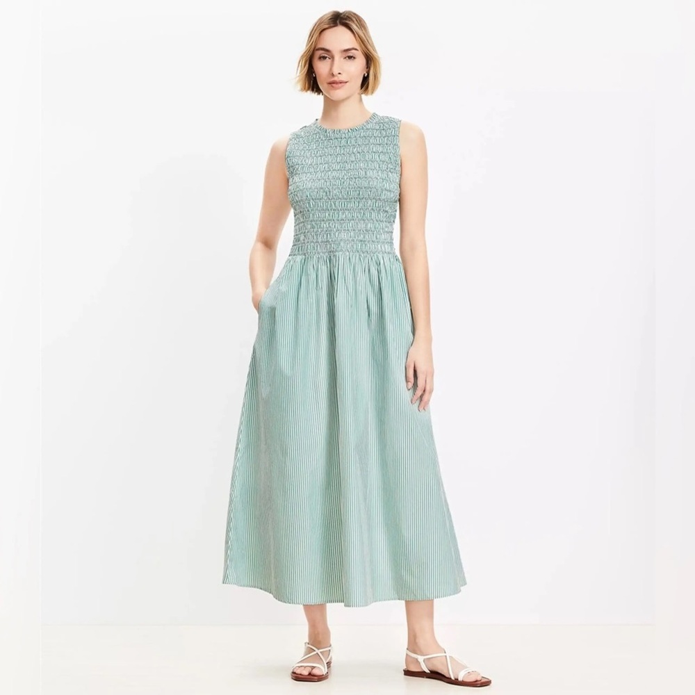 LOFT Striped Poplin Smocked Midi Pocket Dress